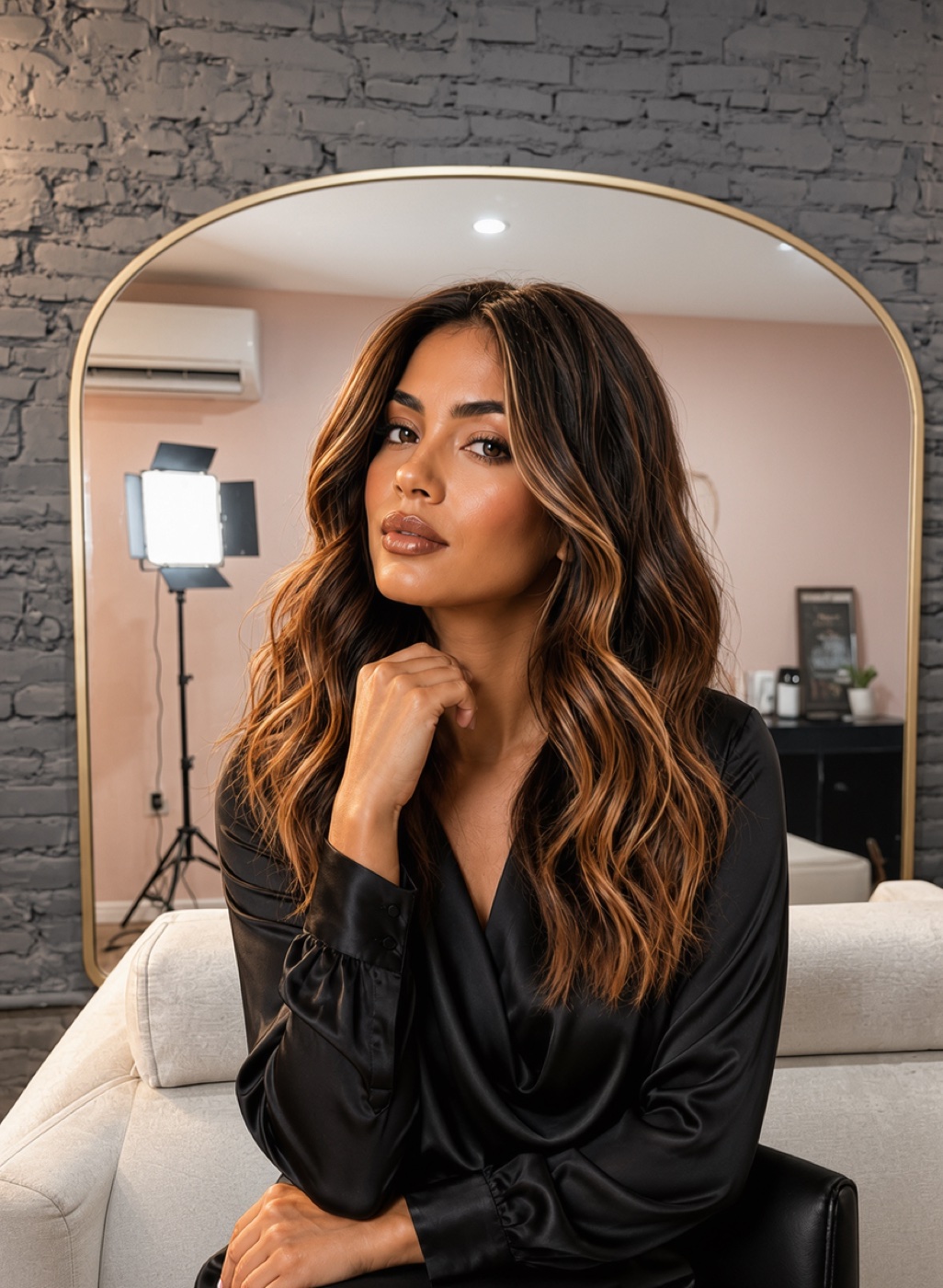 Balayage بلون الكراميل على قاعدة بنية مع تموجات ناعمة