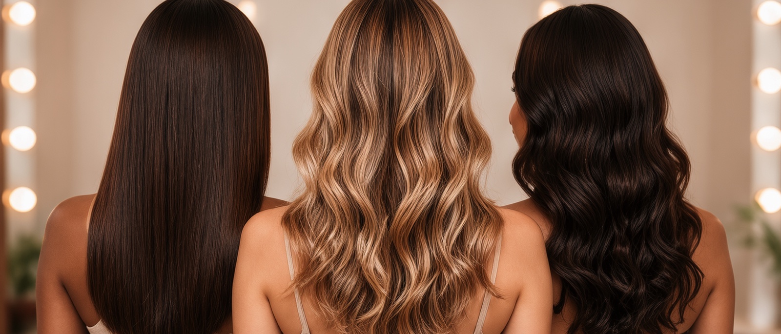 Drei Frisuren von hinten: glatt und dunkel, blondes Balayage, brünette Wellen