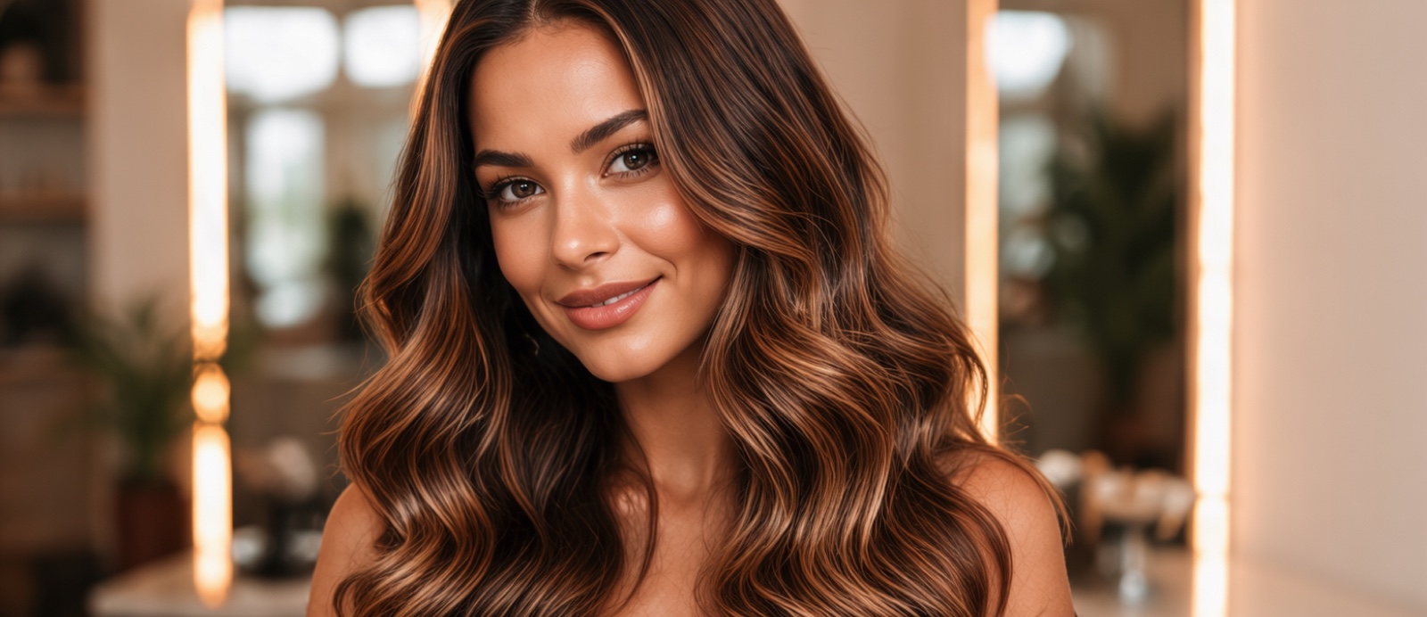 Kundin mit Karamell-Balayage vor dem Salonspiegel