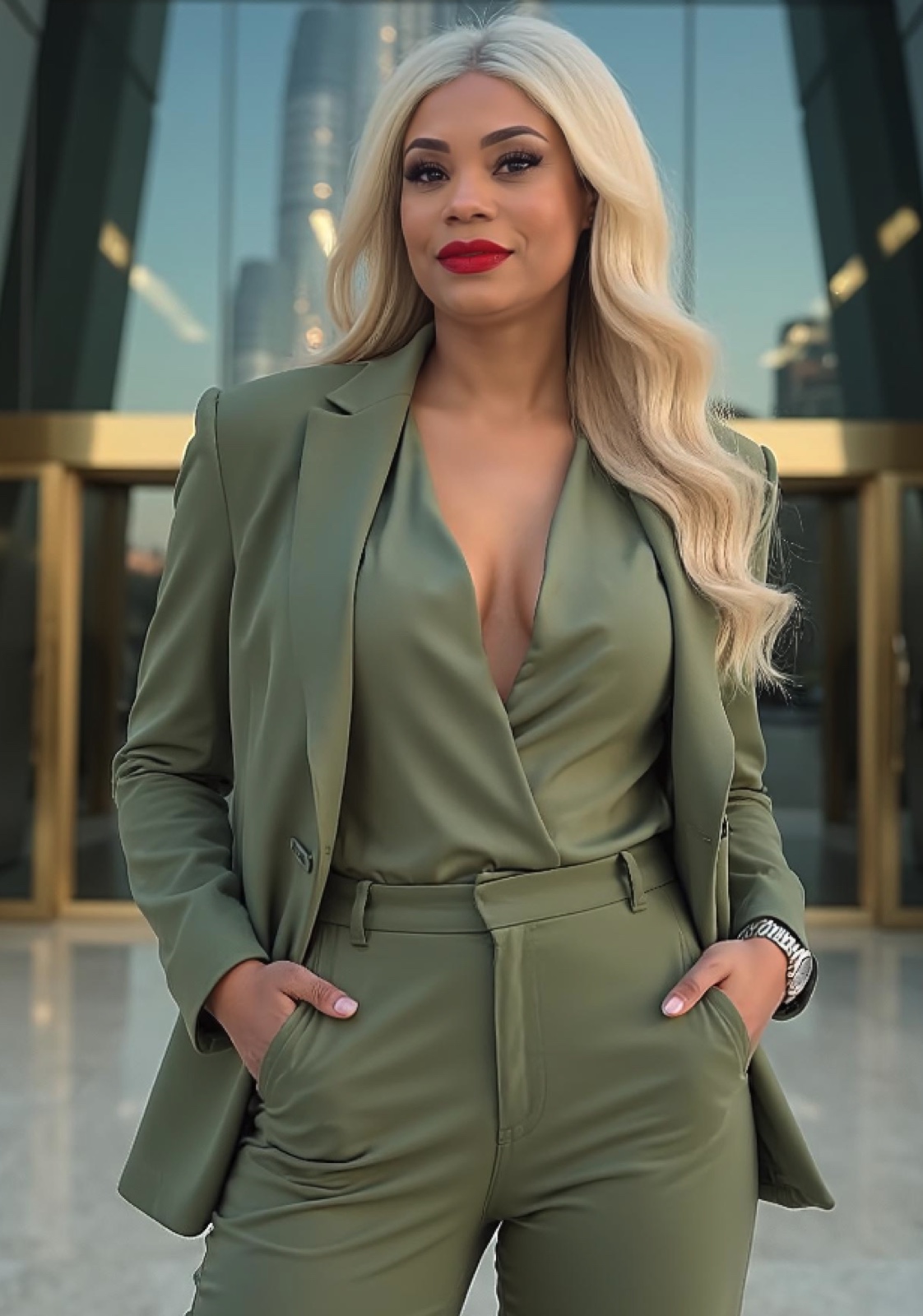 Anny, fundadora de Anny's Beauty Salon, con traje verde