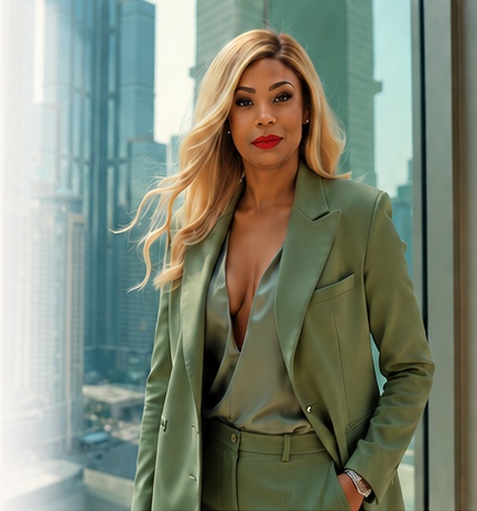 Anny, fundadora de Anny's Beauty Salon, con traje verde ante el skyline de la ciudad